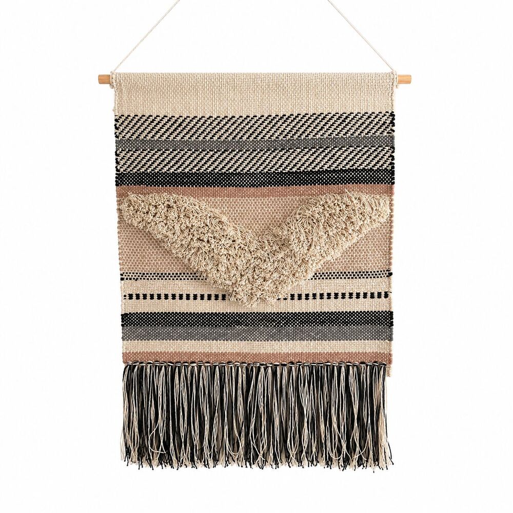 Handwoven Cotton Boho Wall Hanging Trapestry Fringe Decor Made in India 38x26